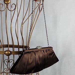 Vintage Chocolate Brown Satin Evening Bag with Rhinestone Embellished Clasp